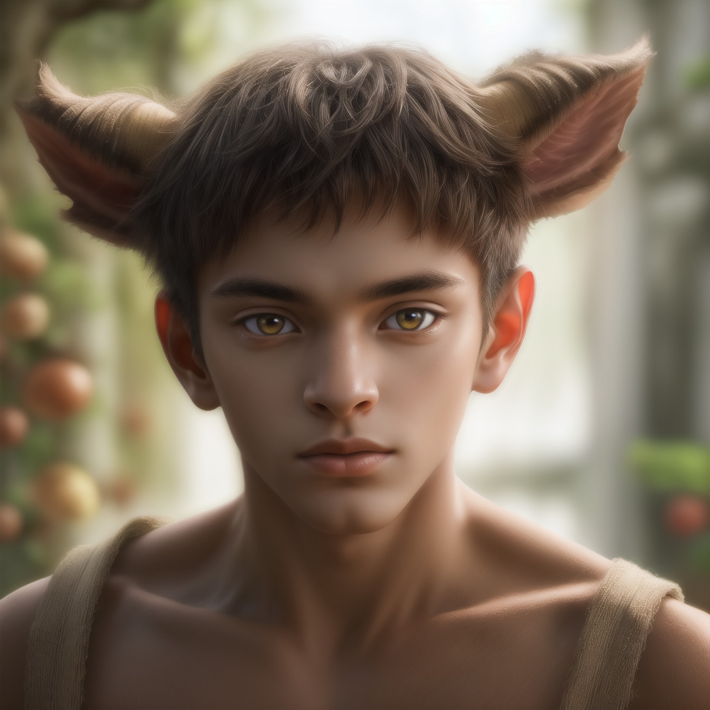 小さな角と山羊の耳を持つサテュロス風の少年 / A young satyr boy with small horns and goat-like ears
