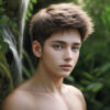 滝のそばに佇む中性的な美少年のニンフ / An androgynous beautiful nymph boy standing beside a waterfall