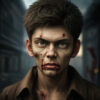 傷だらけの顔と虚ろな目をしたゾンビ風の青年 / A zombie-like young man with a scarred face and vacant eyes