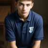 紺色のポロシャツを着た若い男性が正座をして静かに前を見つめている。/A young man in a navy polo shirt sitting in a traditional Japanese kneeling position, looking forward calmly.