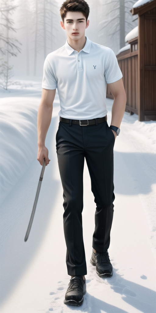 雪景色の中、白いポロシャツと黒いパンツ姿で手に棒を持ち、雪上を歩く男性。/A man in a white polo shirt and black pants walking on snow, holding a stick in a snowy landscape.