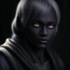 漆黒の肌と金色の瞳を持つドロウ（ダークエルフ）の若い男性 / A young drow (dark elf) with jet-black skin and golden eyes
