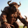 筋肉質なミノタウロスの戦士が屋外で構える姿 / Muscular minotaur warrior posing outdoors