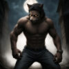 満月の下で筋肉質な体をした狼男が立っている / A muscular werewolf standing under the full moon