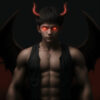 赤く光る目と角、翼を持つ筋肉質な悪魔の男性 / A muscular demon man with glowing red eyes, horns, and wings