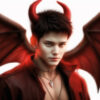 赤い角と翼を持つ悪魔のような若い男性のポートレート / Portrait of a young man with red horns and wings, resembling a devil
