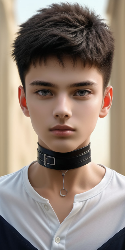 黒いチョーカーを着けた少年が無表情でカメラを見つめている / A boy wearing a black choker staring expressionlessly at the camera