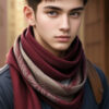 赤とブラウンのスカーフを巻いた少年が街角で静かにたたずんでいる / A boy wearing a red and brown scarf standing quietly on a street corner