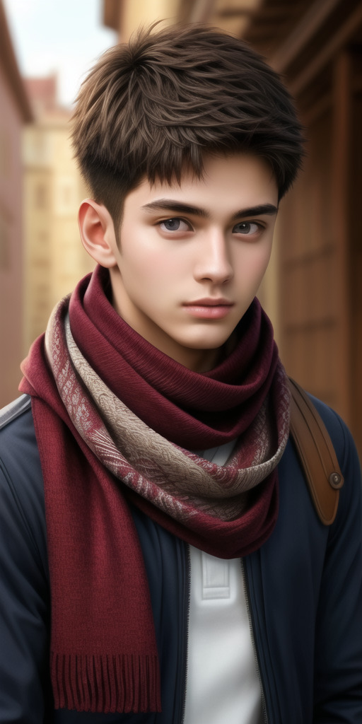 赤とブラウンのスカーフを巻いた少年が街角で静かにたたずんでいる / A boy wearing a red and brown scarf standing quietly on a street corner