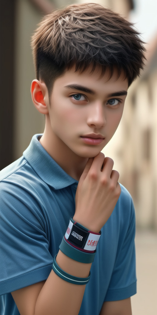 青いシャツを着てカラフルなリストバンドをつけた少年が腕を上げて見つめている / A boy in a blue shirt wearing colorful wristbands, raising his arm and looking forward