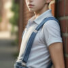 サスペンダー付きのズボンを着た少年がレンガの壁にもたれかかっている / A boy wearing suspenders leaning against a brick wall