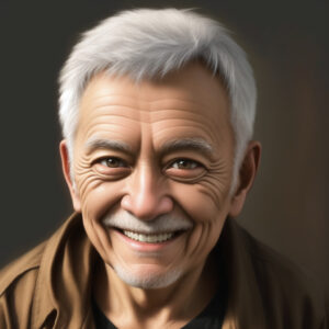 白髪で優しく微笑む老人のAIポートレート、落ち着いた背景(Stable Diffusion生成) / Elderly man with white hair and gentle smile, calm background, AI-generated using Stable Diffusion