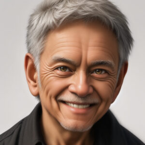 白髪まじりの髪と温かな表情の高齢男性、明るい背景のAIイラスト / Elderly man with gray-streaked hair and warm expression, bright background, AI portrait generated with Stable Diffusion