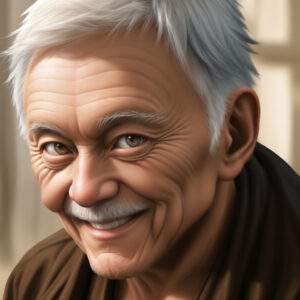 髭と白髪のある老人がこちらを見つめる、穏やかな雰囲気のAI肖像画 / Elderly man with mustache and white hair, looking forward with a soft expression, AI-generated portrait (Stable Diffusion)