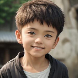 自然光の中で微笑む幼い男の子、AIイラスト(背景付き) / Smiling young boy under natural light with visible background, AI-generated using Stable Diffusion