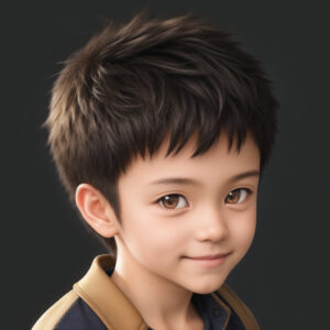 Stable Diffusionで生成された、微笑む幼い男の子のAIイラスト(スタジオ背景) / Smiling young boy portrait with studio background, generated using Stable Diffusion (AI illustration)