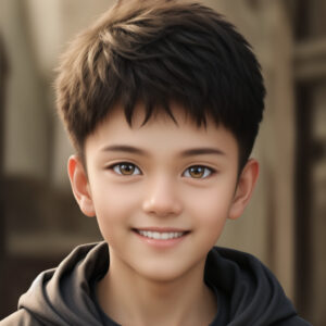 建物の前でポーズをとる少年、自然光ポートレート風AIイラスト / Boy posing in front of a building, natural light portrait style, AI-generated with Stable Diffusion