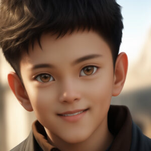 夕暮れ背景の少年ポートレート、Stable Diffusionで生成されたAIイラスト / Sunset-lit portrait of a boy, AI illustration created with Stable Diffusion