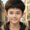 街中を背景に微笑む少年のAIイラスト（Stable Diffusion生成） / Smiling boy in a city street, AI-generated using Stable Diffusion
