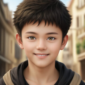 街中を背景に微笑む少年のAIイラスト(Stable Diffusion生成) / Smiling boy in a city street, AI-generated using Stable Diffusion