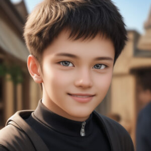 街並みを背景に微笑む青少年のAIポートレート(Stable Diffusion生成) / AI-generated portrait of a smiling young male in a town setting, created with Stable Diffusion