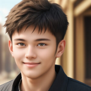 街中で微笑む若い男性の上半身AIイラスト / Upper-body AI illustration of a smiling young man in a street scene, created with Stable Diffusion