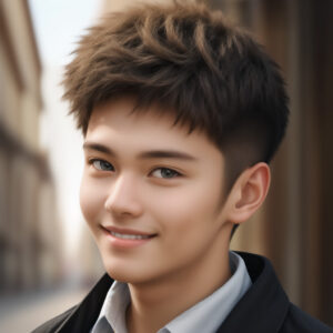 斜めを向いて笑顔を見せる若い男性の肖像画風AIイラスト / Portrait-style AI image of a young man smiling sideways, generated by Stable Diffusion