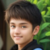 緑の葉を背景に微笑む10代の少年、Stable DiffusionによるAIイラスト / Smiling teenage boy with leafy background, AI-generated using Stable Diffusion