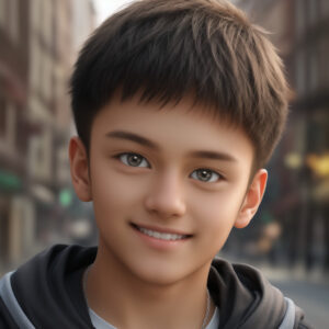 街並みを背景にした短髪の10代の少年、AIポートレート / Short-haired teenage boy with city background, AI portrait generated by Stable Diffusion