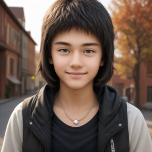 秋の街並みにたたずむ10代の少年、AI肖像画風イラスト / Teenage boy standing in an autumn street, portrait-style AI illustration with Stable Diffusion