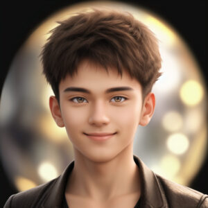 ライトの玉ボケを背景に微笑む20代男性のAIポートレート / Portrait of a smiling man in his twenties with bokeh light background, AI-generated with Stable Diffusion