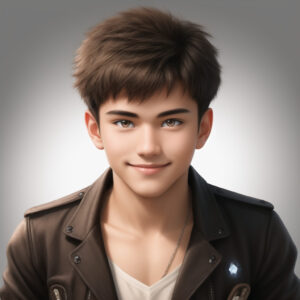 スタジオ風背景で微笑む20代の男性、革ジャン姿のAIイラスト / AI portrait of a twenties male smiling in studio lighting, wearing a leather jacket, generated with Stable Diffusion