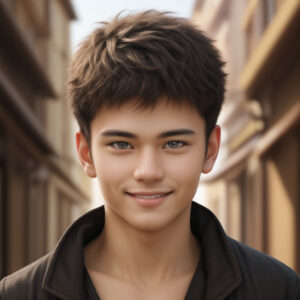 街並みを背景にした30代男性の自然な笑顔、Stable Diffusion生成AIイラスト / Smiling man in his thirties with city background, AI-generated using Stable Diffusion