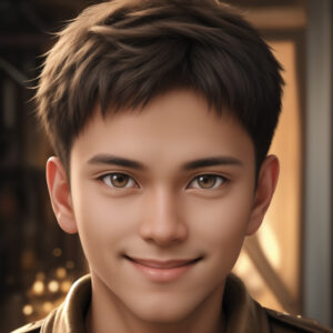 夕方の室内で微笑む40代男性、落ち着いた雰囲気のAI肖像画 / Smiling man in his forties with warm indoor lighting, calm AI portrait generated with Stable Diffusion