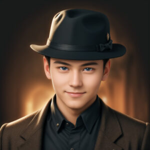 ライトアップされた背景で微笑む帽子姿の紳士、Stable Diffusion生成のAI肖像画 / Smiling gentleman in a hat with warm lighting background, AI portrait created using Stable Diffusion