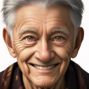 スカーフを巻いた90歳の男性、温かな笑顔のAIポートレート / Portrait of a smiling 90-year-old man with scarf, AI-generated with Stable Diffusion