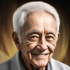 柔らかな光の中で微笑む白髪の90歳男性、穏やかな表情のAI肖像画 / White-haired 90-year-old man smiling under soft lighting, gentle AI portrait using Stable Diffusion