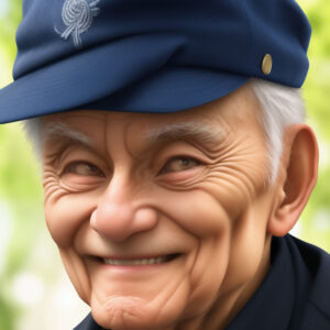 帽子をかぶって微笑む90歳の男性、自然背景のAIイラスト（Stable Diffusion生成） / 90-year-old man smiling in a cap, with natural background, AI-generated using Stable Diffusion
