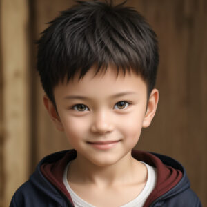 パーカーを着て正面を見つめる5歳の男の子、室内背景のAIイラスト / 5-year-old boy in a hoodie, looking forward with indoor background, AI portrait generated with Stable Diffusion