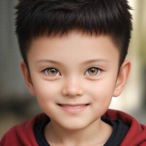 鮮やかな赤い服を着た5歳の男の子、明るい背景で微笑むAIイラスト / Smiling 5-year-old boy in red clothes, bright background, AI-generated using Stable Diffusion