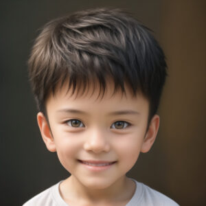 白いシャツを着た5歳の男の子、優しい笑顔のAIポートレート（Stable Diffusion生成） / 5-year-old boy in a white shirt with a gentle smile, AI-generated using Stable Diffusion