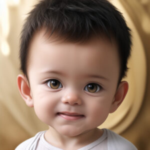 AIプロンプトで作成した、やわらかな光に包まれた赤ちゃんの正面ポートレート / Front-facing baby boy portrait with soft lighting, created using AI prompt