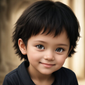 落ち着いた背景で微笑むショートヘアの幼い女の子、AI生成ポートレート / Smiling short-haired young girl in calm background, portrait-style AI illustration generated using Stable Diffusion