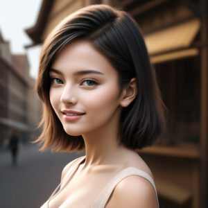 伝統的な街並みを背景に微笑む若い女性、ショートボブの髪型(AIイラスト) / Young woman with short bob haircut smiling in a traditional townscape, AI-generated using Stable Diffusion
