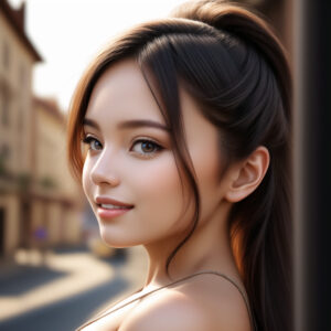 ポニーテールの若い女性、街並みを背景に振り返るポーズのAIイラスト / Young woman with ponytail looking over her shoulder, city street background, AI-generated with Stable Diffusion