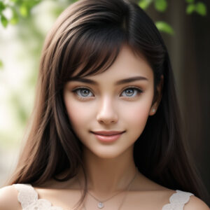 自然光の中で微笑む若い女性、レースの白いトップスとロングヘアのAIポートレート / Smiling young woman in white lace top with long hair under natural light, AI-generated portrait using Stable Diffusion