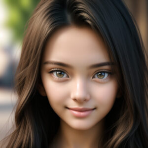 自然光の中で微笑む10代の女の子、ロングヘアと透明感のある表情のAIポートレート / Smiling teenage girl with long hair under natural light, clear expression, AI-generated using Stable Diffusion