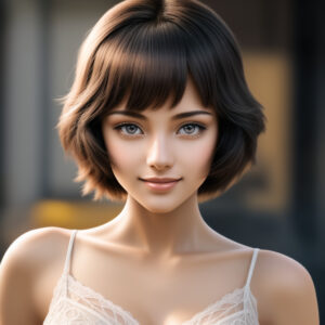 ナチュラルボブヘアの20代女性、白いキャミソール姿のAIイラスト / Young woman with bob haircut in white camisole, AI-generated portrait with Stable Diffusion