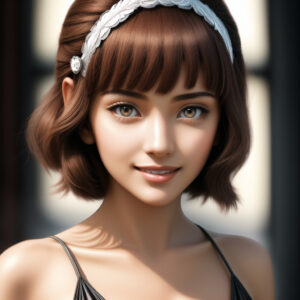 白いカチューシャをした20代女性、笑顔のAIポートレート / Smiling young woman with white headband, AI-generated using Stable Diffusion