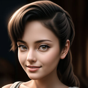 クラシックな髪型と落ち着いた表情の40代女性、暗め背景のAIイラスト / Middle-aged woman with classic hairstyle and calm expression, dark background, AI-generated